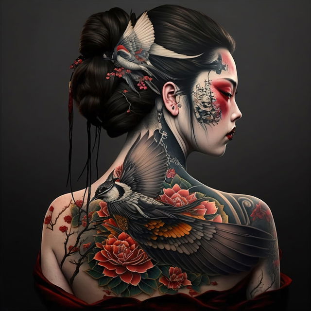 Japanese tattoo design featuring birds and flowers, showcasing Midjourney prompt engineering techniques and artistic influences.