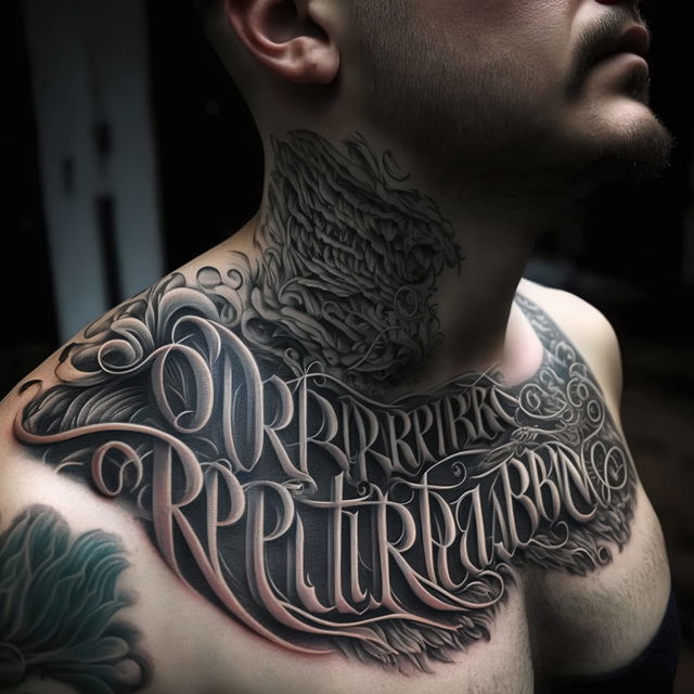 Tattoo design featuring intricate lettering, showcasing Midjourney prompt techniques and artistic influences in tattoo styles.