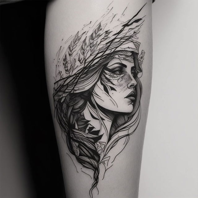 Tattoo design featuring intricate line art of a woman, inspired by Midjourney prompt techniques and artistic influences.