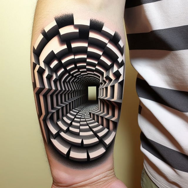 Optical illusion tattoo design showcasing depth and dimension using Midjourney prompt techniques and artistic influences.
