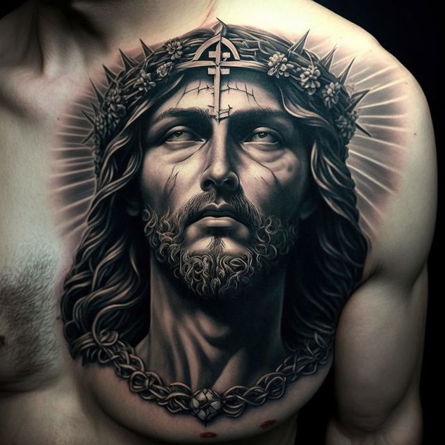 Tattoo design of Jesus with crown, inspired by Midjourney prompt techniques, showcasing artistic influences and detailed shading.