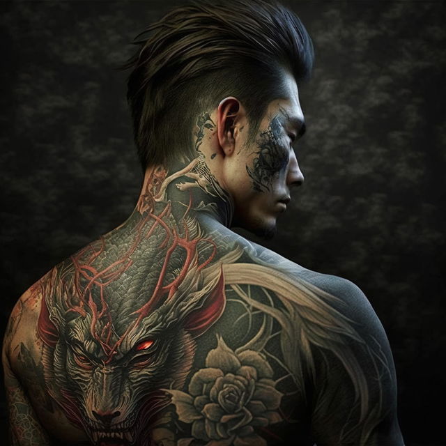 Yakuza tattoo design showcasing Midjourney prompt techniques, artistic influences, and intricate details in tattoo styles.