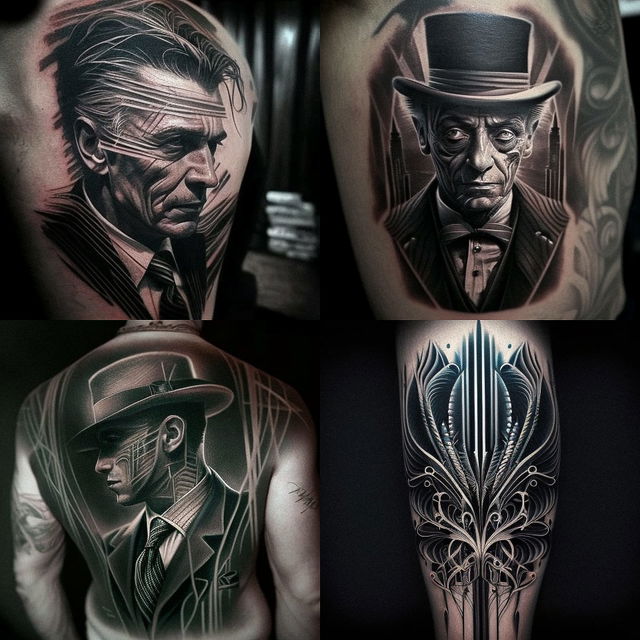 Tattoo designs featuring Midjourney prompt techniques, Sailor Jerry influences, intricate line work, and artistic styles in version 4.