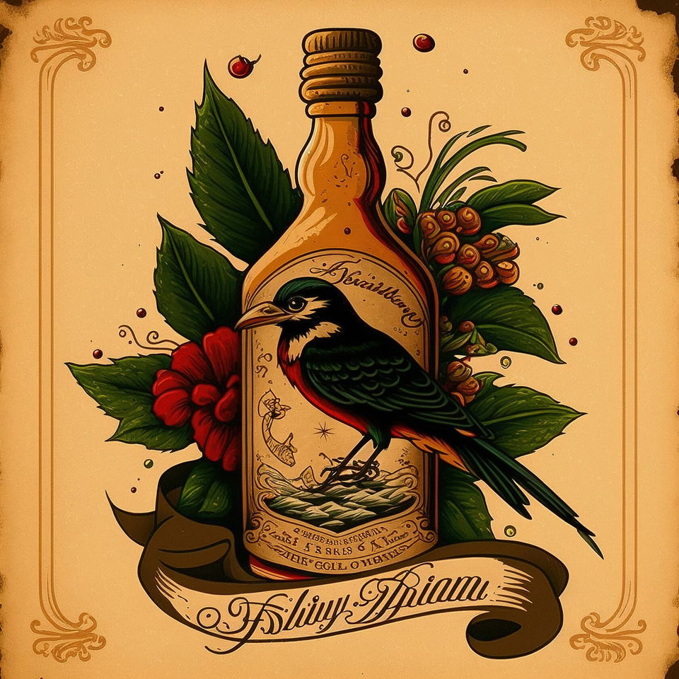 Tattoo design featuring bird and bottle, inspired by Sailor Jerry, Midjourney prompt techniques, version 4 capabilities.