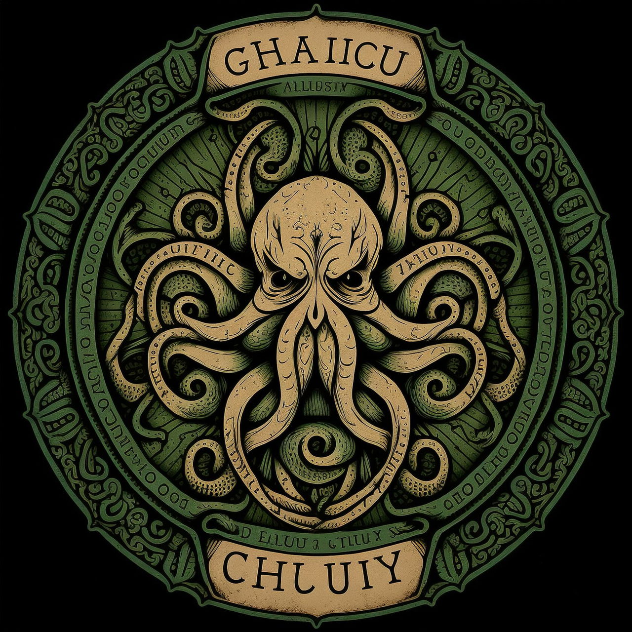 Cthulhu mandala design inspired by Sailor Jerry, showcasing Midjourney prompt engineering techniques, version 4 capabilities, and tattoo design elements.