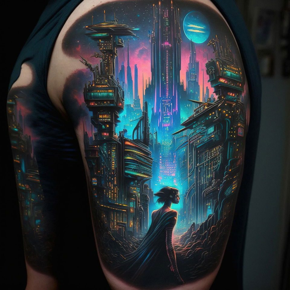 Cyberpunk city tattoo design using Midjourney prompt techniques, featuring old school style and version 4 capabilities.
