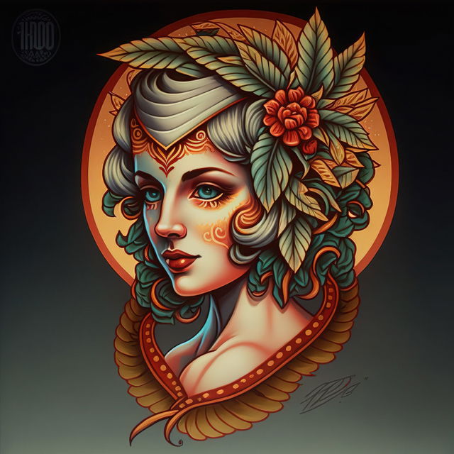 Neo Traditional tattoo design using Midjourney prompt techniques, featuring floral elements and stylized portraiture, version 4 capabilities.