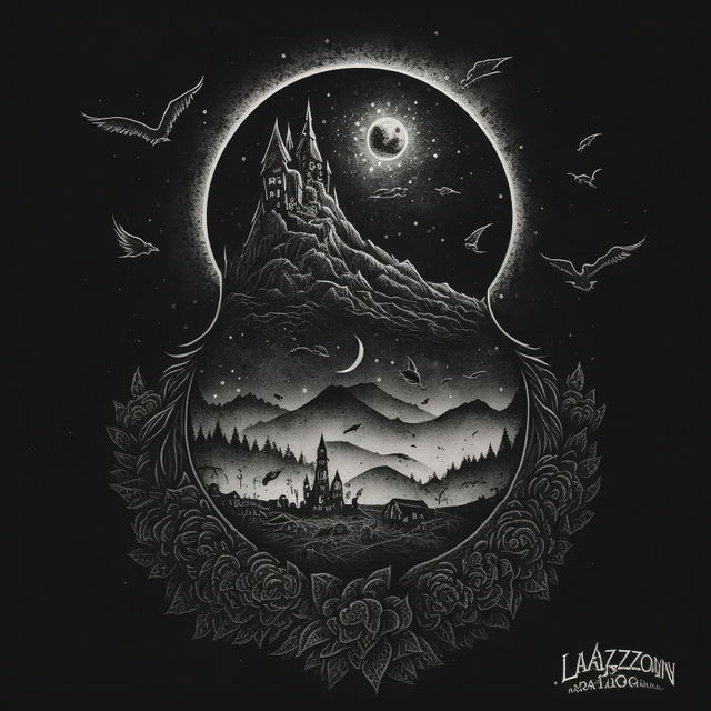 Dotwork style tattoo design featuring Nazgul over town, inspired by Midjourney prompt techniques, version 4 capabilities.