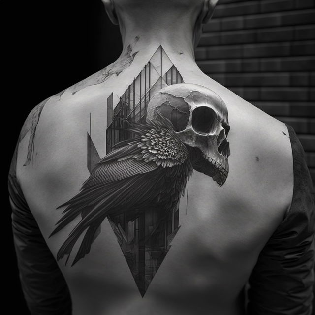 brutalist architecture bird skull blackwork tattoo on back, Midjourney prompt engineering, version 4 techniques, artistic influences