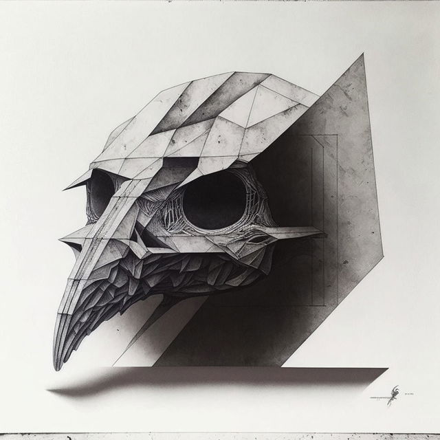 Brutalist architecture bird skull blackwork tattoo design using Midjourney prompt techniques, version 4 capabilities.