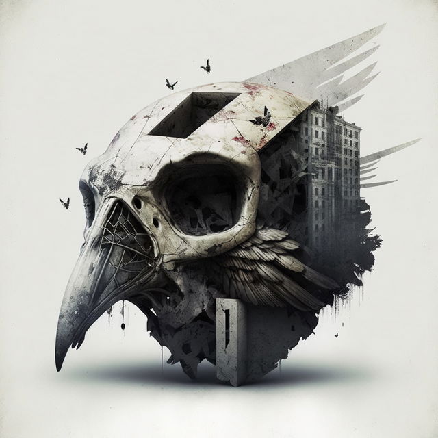 Brutalist architecture bird skull tattoo design, Trash Polka style, Midjourney prompt engineering, version 4 techniques.