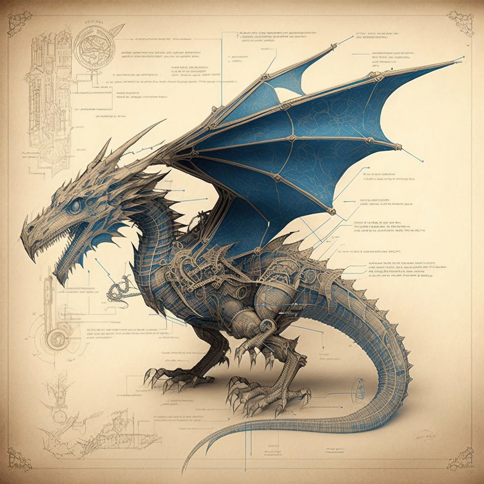 Mechanical dragon blueprint showcasing Midjourney prompt engineering, version 4 capabilities, and artistic influences in tattoo design.