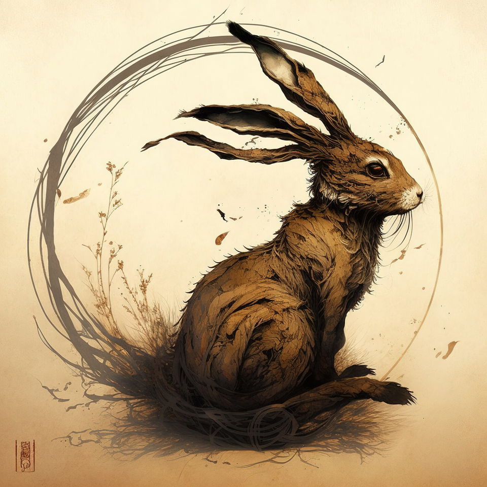 Coiled dragon hare by Tsutomu Nihei, Midjourney prompt engineering, tattoo design techniques, version 4 capabilities.