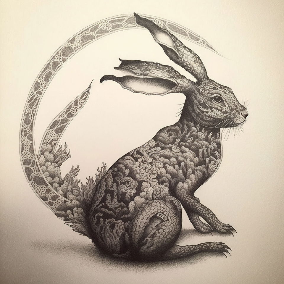 dotwork tattoo coiled dragon hare by Tsutomu Nihei, Midjourney prompt engineering, tattoo design techniques, version 4 capabilities