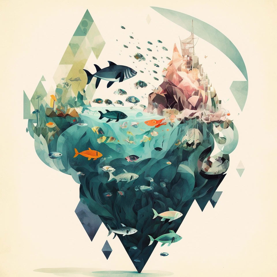 Ocean-themed diamond-shaped composition, fish illustration, Midjourney prompt techniques, version 4 capabilities, artistic influences.