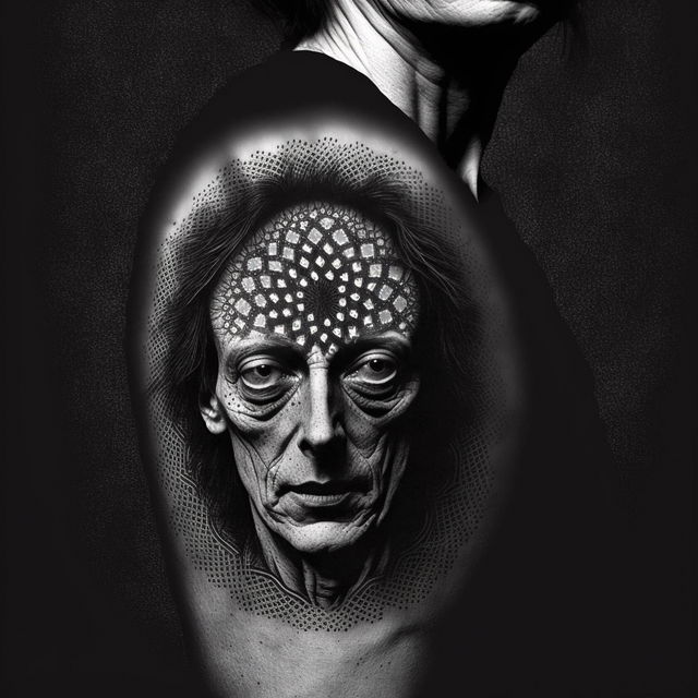 Dotwork tattoo design featuring intricate patterns and facial features, utilizing Midjourney prompt techniques --v 4.