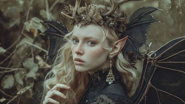 A fantasy character with bat wings and floral crown, showcasing Midjourney prompt creativity in AI art.