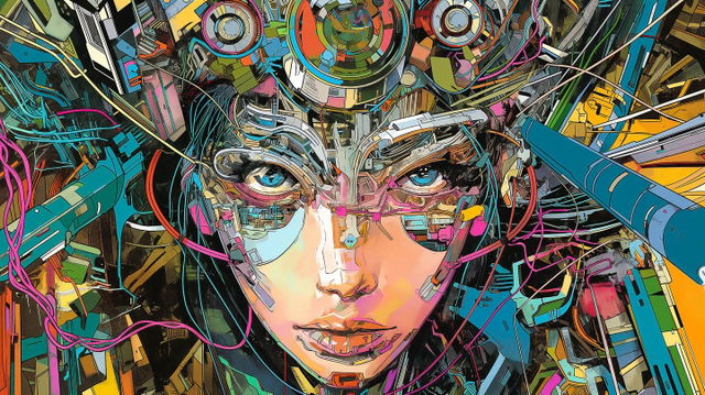 Futuristic portrait featuring intricate circuitry and vibrant colors, showcasing Midjourney prompt for AI art upscaling.