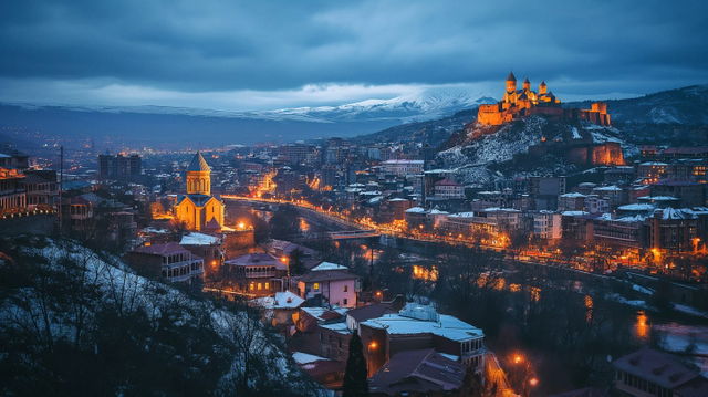 Tbilisi cityscape at dusk with snowcapped mountains, showcasing Midjourney prompt for V6 upscaling techniques in AI art.