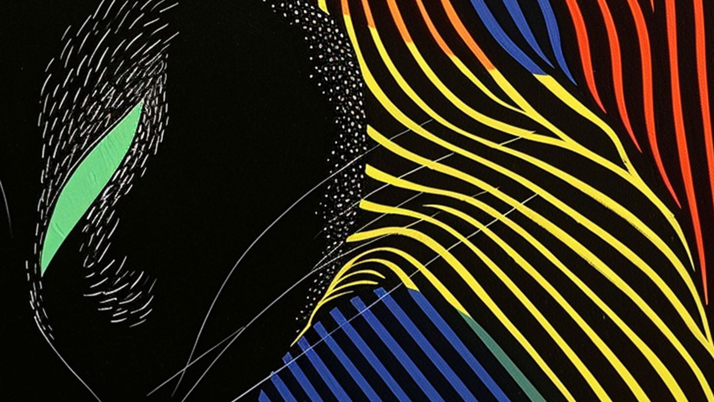Abstract flowing bands and textured strokes in vivid yellow, red, blue, and green on black