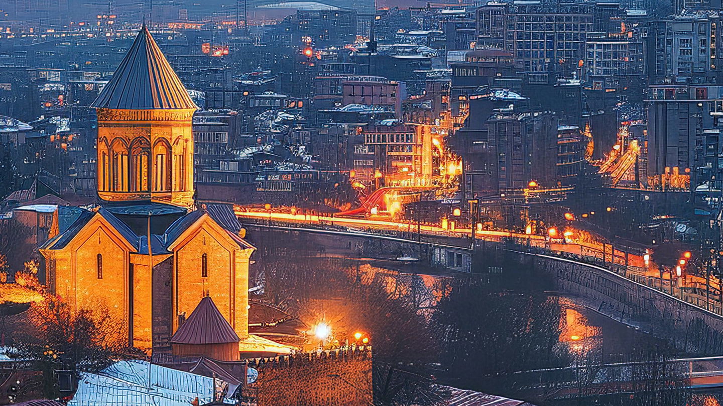 Illuminated church overlooking a dense city at night in vivid blue-and-orange digital art