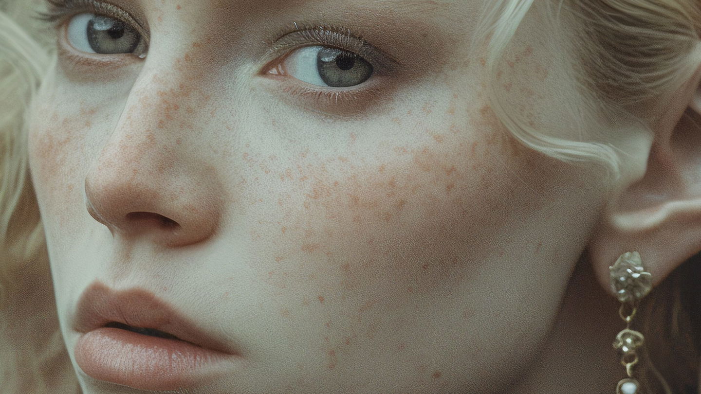 Extreme close-up of a freckled face with pale eyes and earrings, softly lit in muted tones