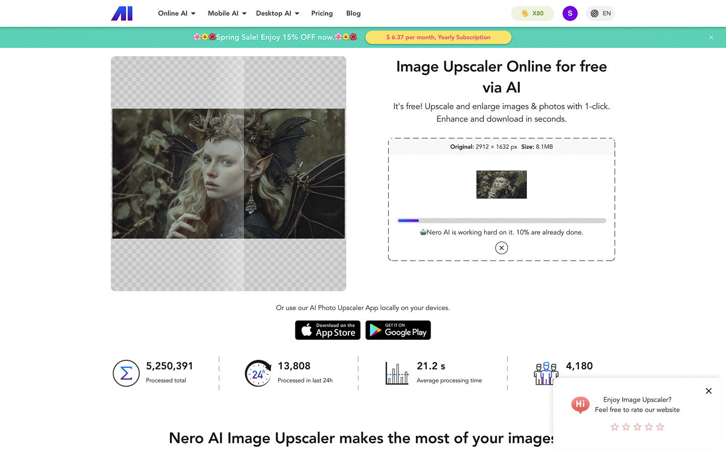 Nero AI interface showcasing Midjourney prompt for image upscaling, processing statistics, and user options for high-quality prints.