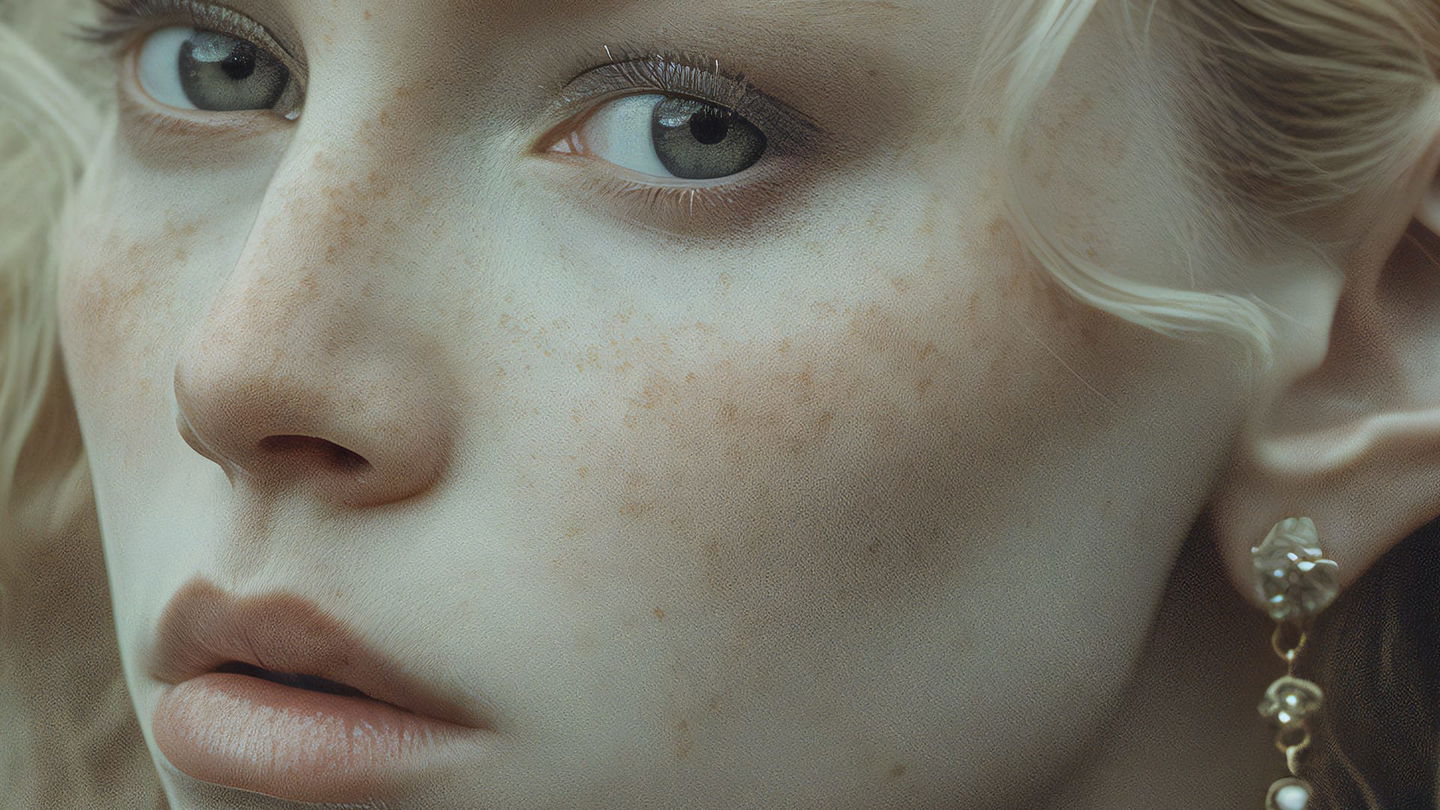 Extreme close-up of a pale face with blue-gray eyes, muted light, and fine skin detail