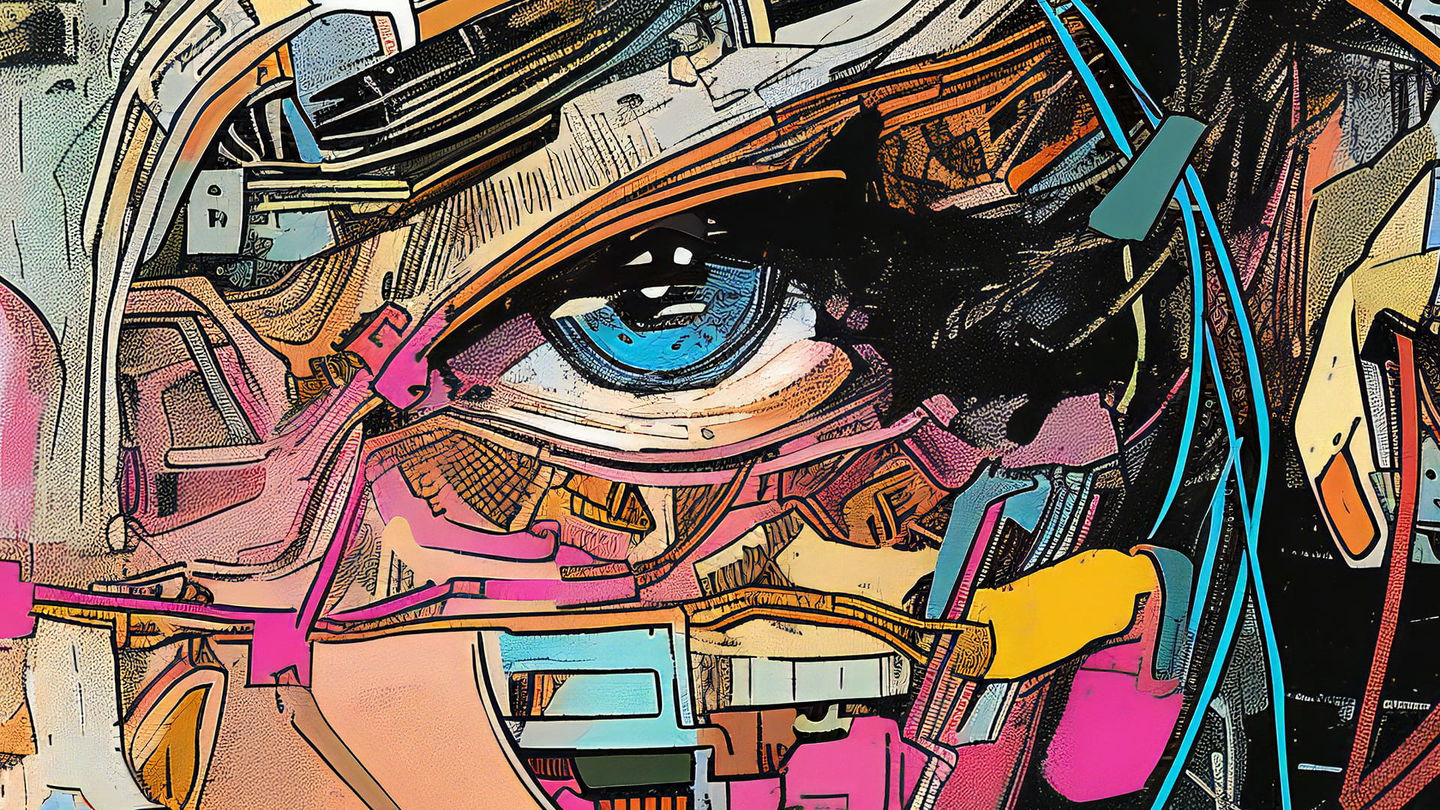 Close-up blue eye in a futuristic helmet, rendered as colorful graphic comic art with bold ink lines