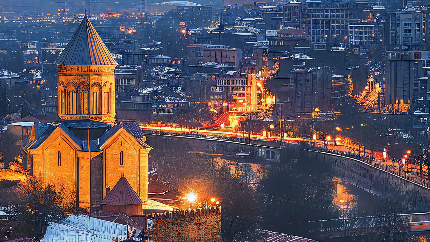 Illuminated church overlooking a dense city at night, detailed digital painting in blue and orange