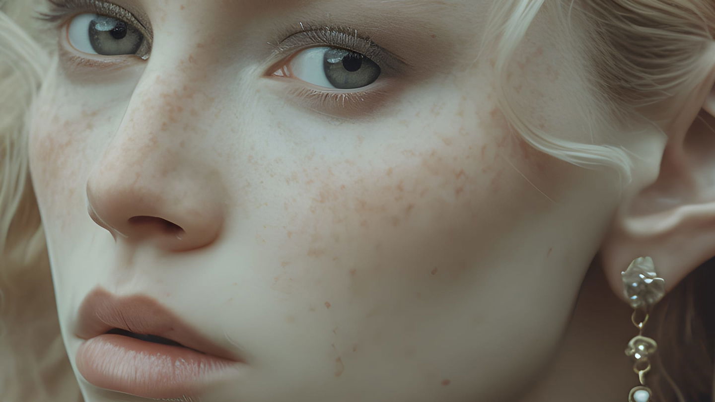 Close-up portrait of a freckled person with blue eyes, softly lit in muted pastel tones