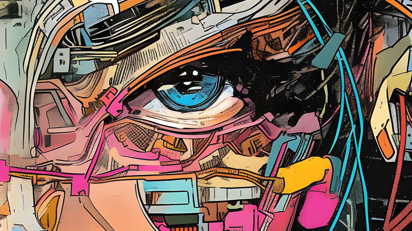 Close-up of a futuristic cybernetic eye in bold comic-book linework and vivid pastel colors