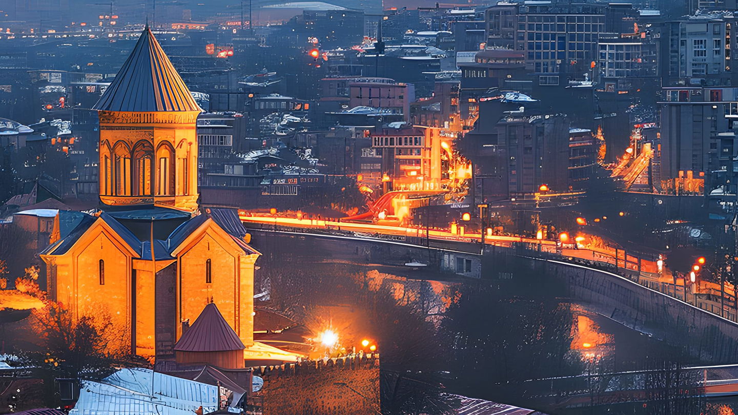 Church overlooking a dense city at night, vivid digital art with blue shadows and orange lights