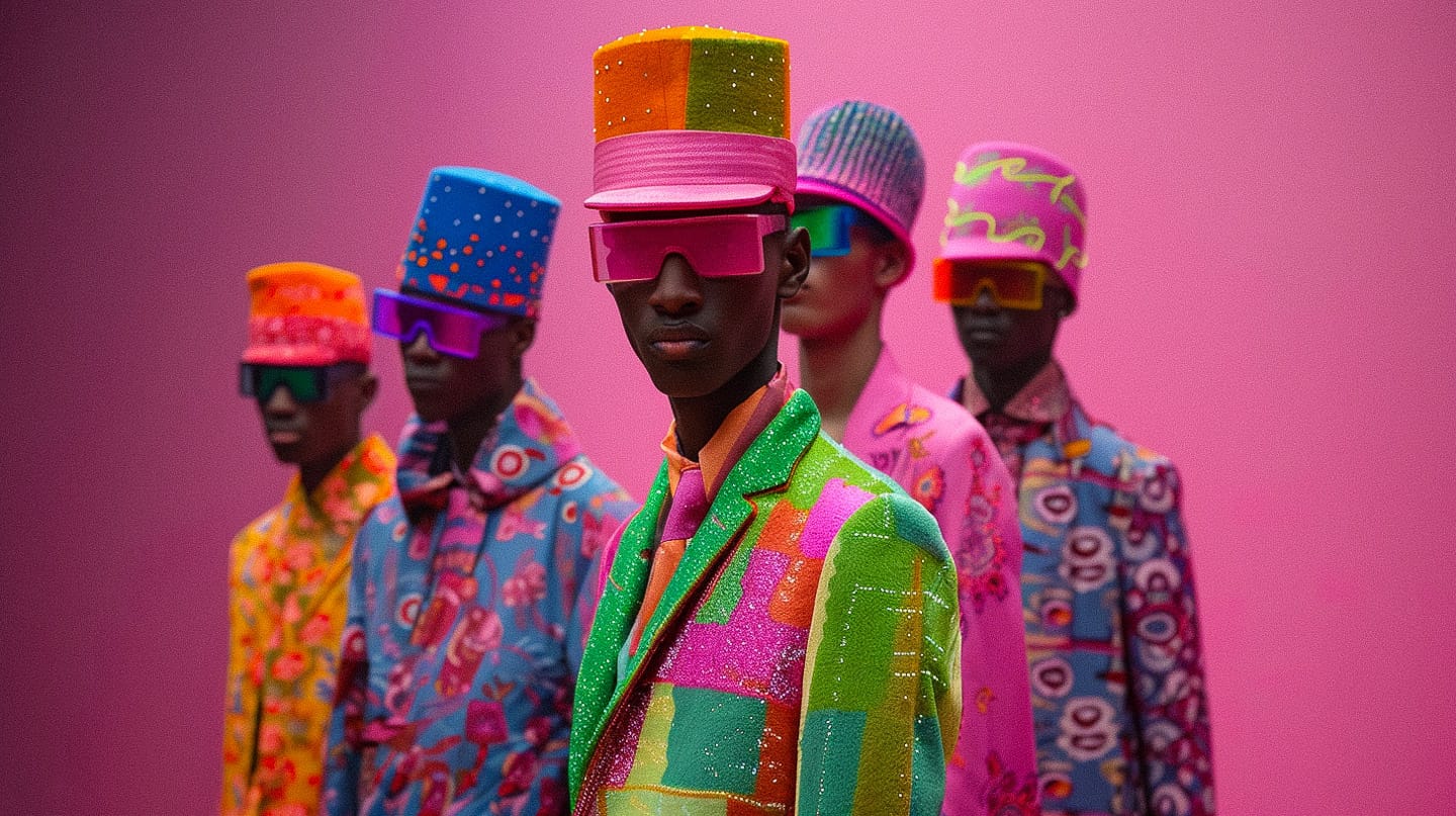 Five models in vivid patterned suits and tall hats, neon colors and studio lighting, Midjourney V6