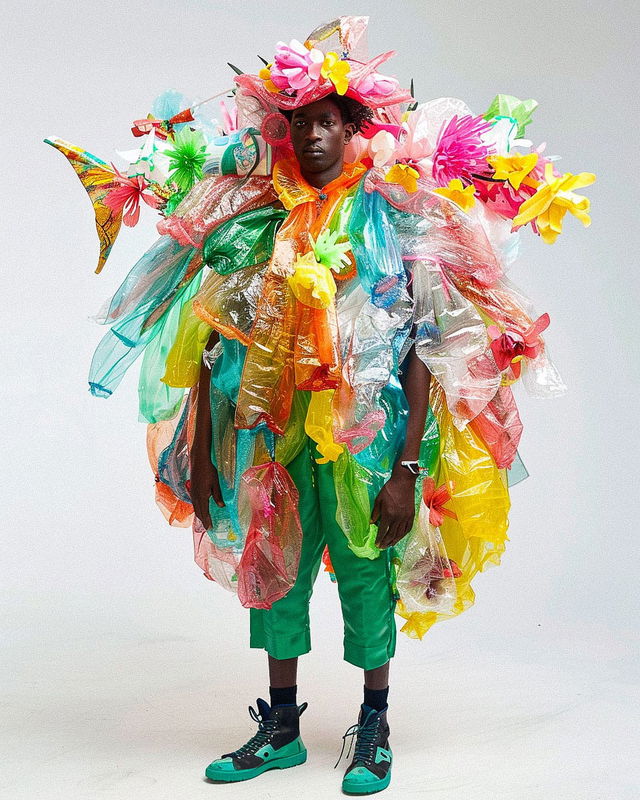 Model in a colorful plastic-bag and trash fashion collection, brightly lit editorial portrait, Midjourney V6