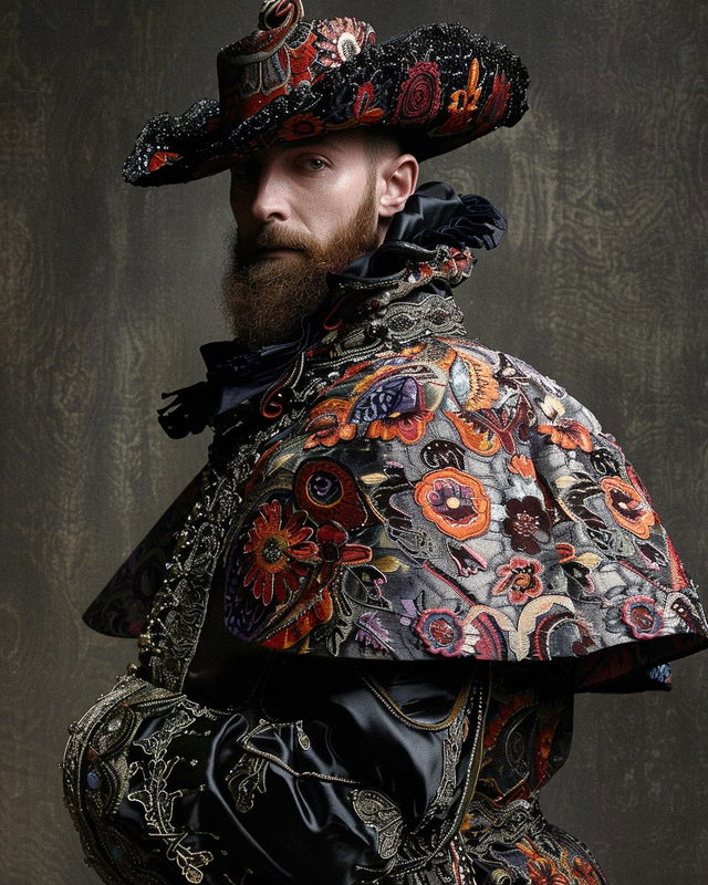 Bearded man in ornate Renaissance-inspired fashion, richly embroidered with dark dramatic lighting, Midjourney V6