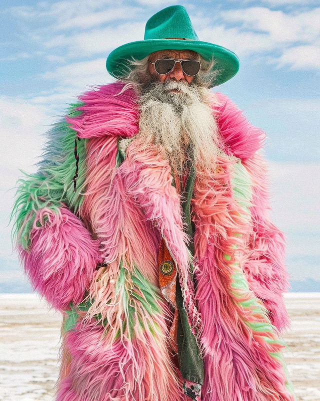 Bearded man in a furry pink and green coat and teal hat, bright beach portrait, Midjourney V6