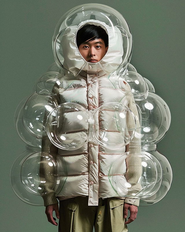 Person in bubble armor, glossy white puffer suit with transparent spheres and soft studio light, Midjourney V6