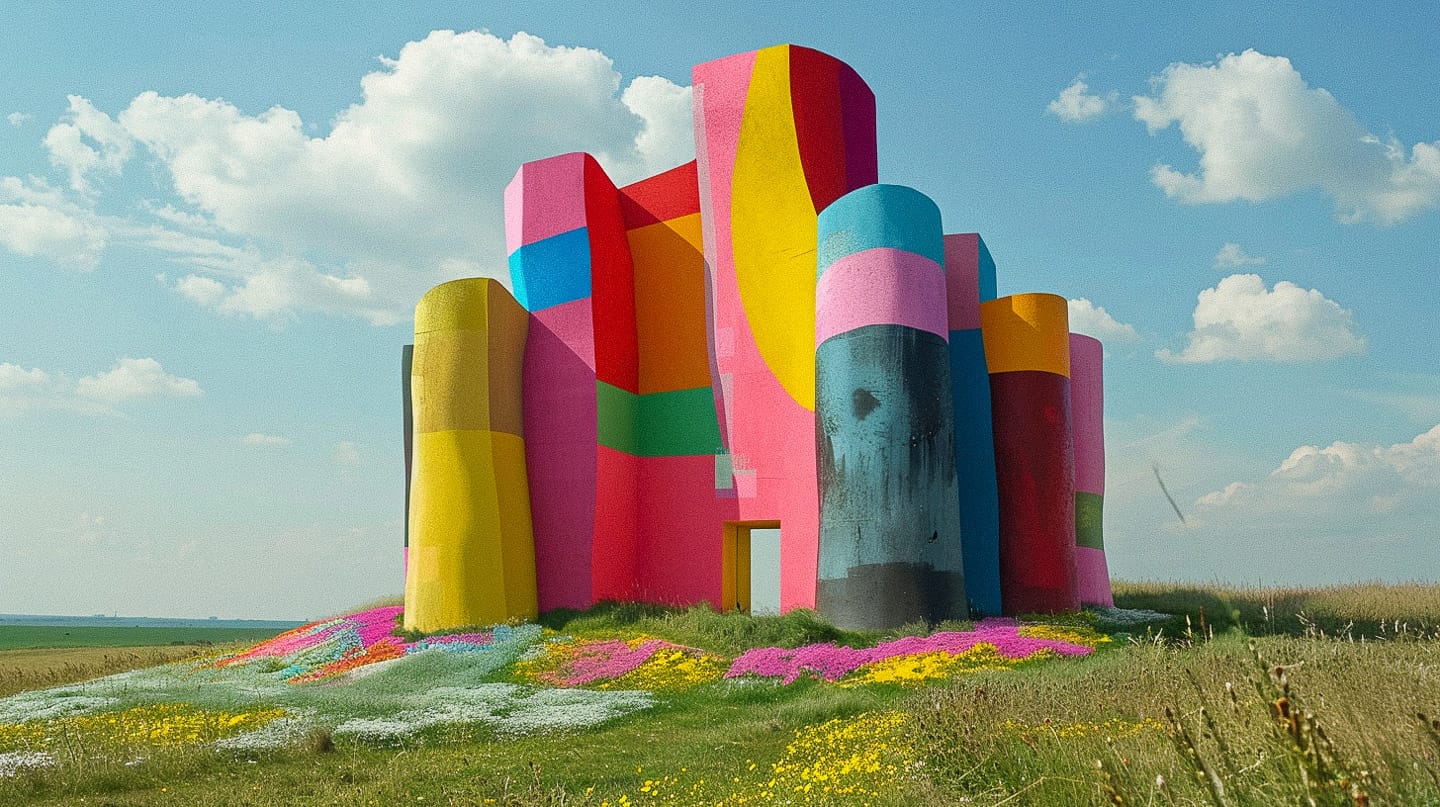 Colorful land art sculpture in a field, with bold geometric forms and bright painted stripes, Midjourney V6