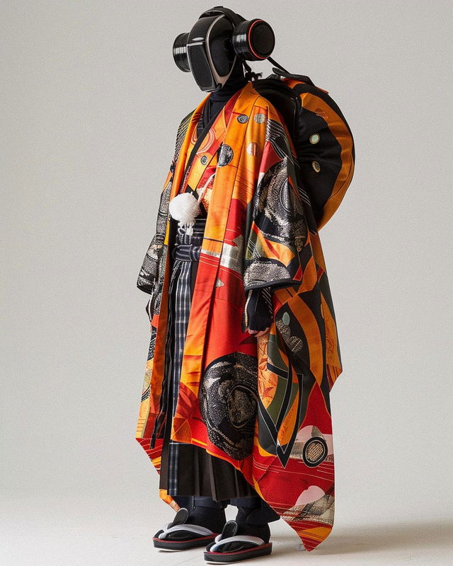 Cyberpunk figure in traditional Japanese costume, vivid orange and red textiles with studio lighting, Midjourney V6