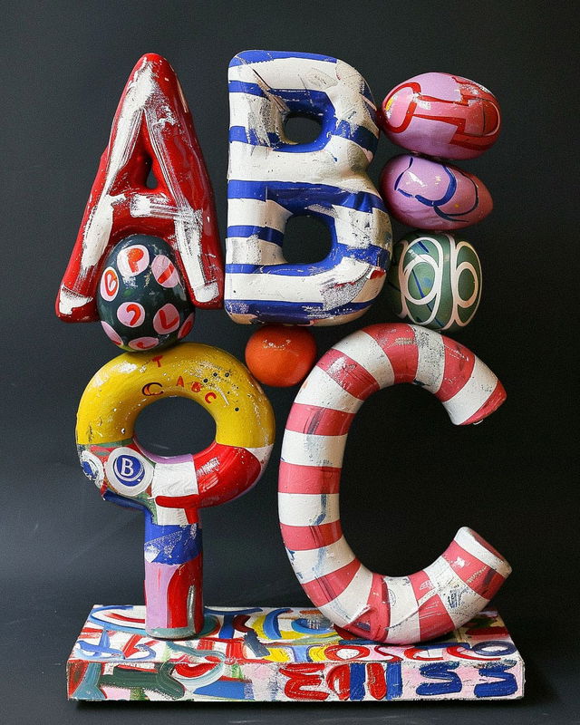 Sculptural ABC letters with colorful patterns and glossy, distressed surfaces on a dark background, Midjourney V6