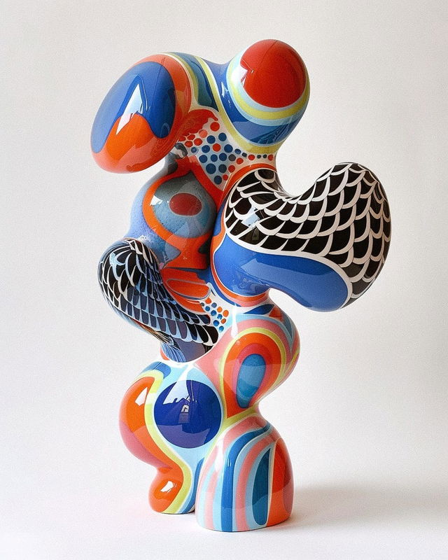 Abstract porcelain sculpture in the style of Walter Van Beirendonck, glossy and brightly colored, Midjourney V6