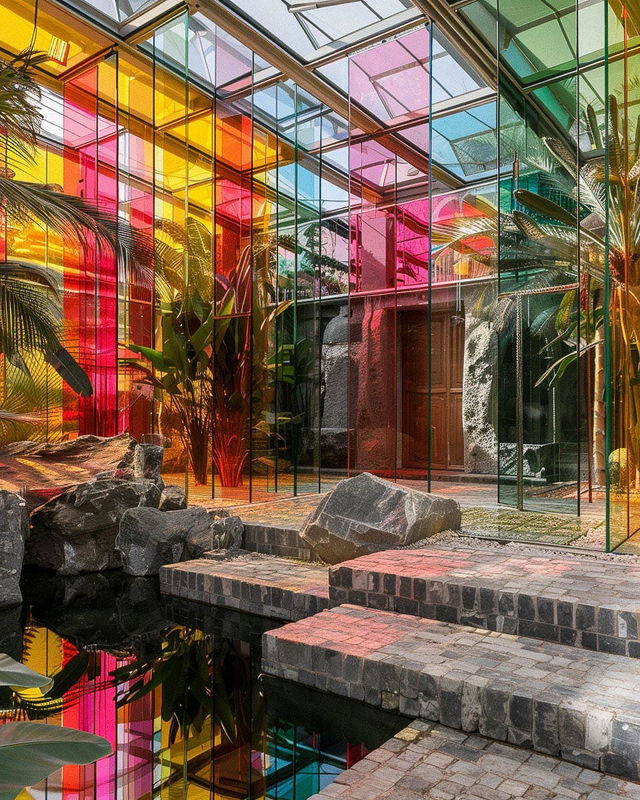 Colorful glasshouse with tropical plants, rocks and pond, in vivid stained-glass hues and sunlight, Midjourney V6