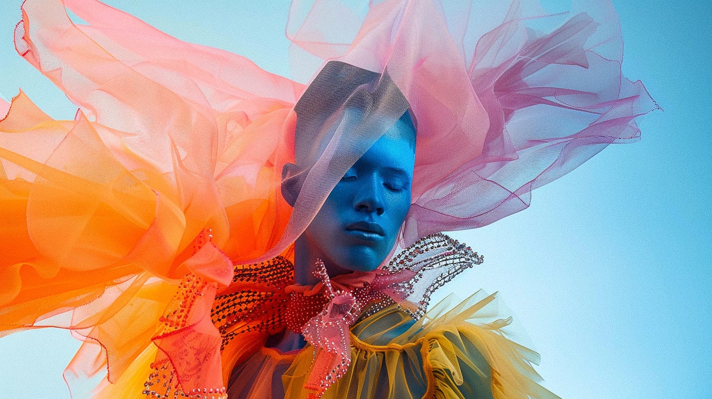 Fashion portrait with translucent sculptural fabrics, vivid colors, and crisp studio light, Midjourney V6