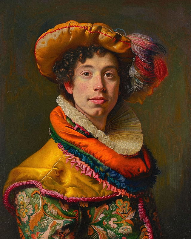 Young man in theatrical layered costume, in the style of Walter Van Beirendonck and Rembrandt, Midjourney V6