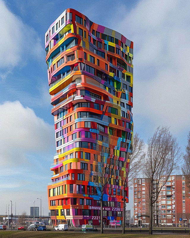 Tall curved building in the style of Walter Van Beirendonck, covered in vivid geometric stripes, Midjourney V6