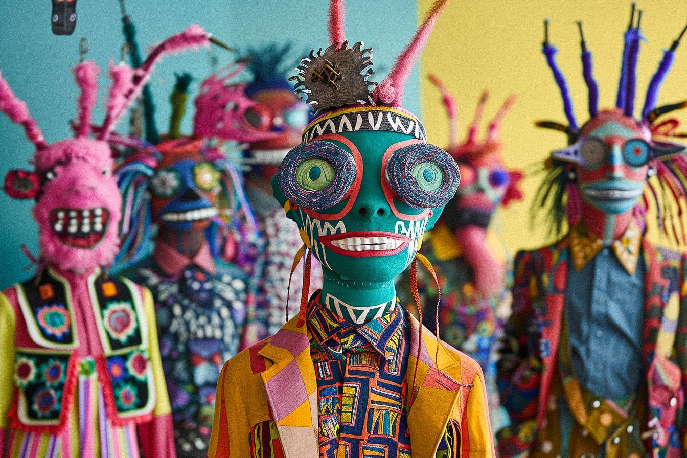 Colorful surreal figures in vivid patterned costumes, bright daylight and playful pop-art palette, Midjourney V6