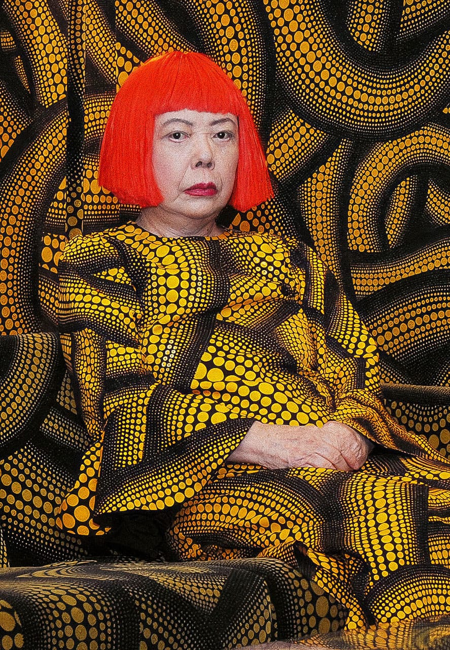 Yayoi Kusama in polka dot attire, showcasing vibrant colors and patterns, reflecting Midjourney prompt engineering techniques.