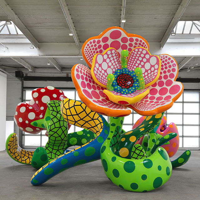 Yayoi Kusama-inspired flower sculptures with polka dots and vibrant colors, showcasing Midjourney prompt engineering techniques.