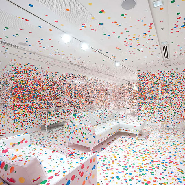 Infinity Mirror Room by Yayoi Kusama featuring vibrant polka dots, prompt engineering in Midjourney for artistic integration and dynamic compositions.